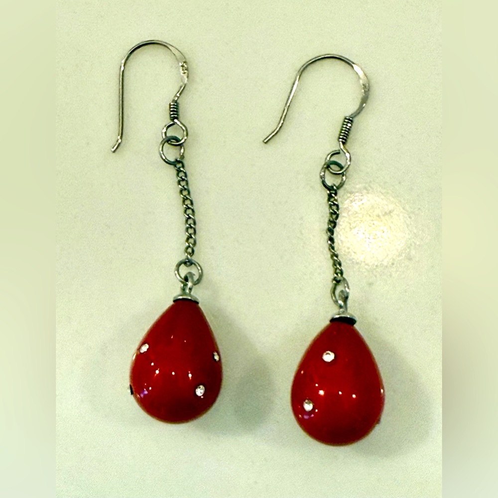 Red Beads with crystal inlays Teardrop earrings